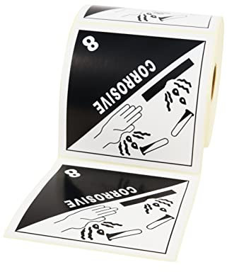 Prolac Aufkleber in weiß/schwarz, 100x100 mm – Klasse 8 Ätzende Stoffe – 500 Etiketten selbstklebend auf Rolle, Versandetiketten als Kennzeichnung von gefährlichen Gütern, Klebeetiketten