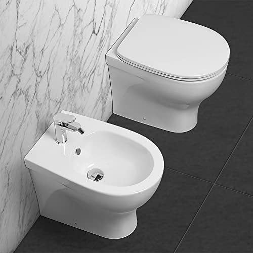 Inbagno Sanitari Filo Muro Rimless con Scarico traslato, in Ceramica Bianca Lucida Serie Pratica, Sedile Copri WC Incluso