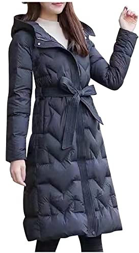 Damen Knielange Daunenjacke Daunenmantel Wintermantel Steppmantel Mit Gürtel Taille Schlank Abnehmen Winter Verdickte Lange Kapuzen Daunenparka Puffermantel Winterparka (Black, L)