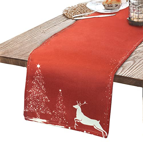 Hjumarayan Rot Tischläufer Weihnachten 200cm x 30cm Weihnachts Tischläufer mit Hirsch Motiv, Polyester Rechteckige Tischläufer für Weihnachtsdeko Winter Tisch Deko (Rot)