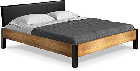 moebel-eins CURBY Bett mit Metallfuß und Polsterkopfteil, Material Massivholz, rustikale Altholzoptik, Fichte