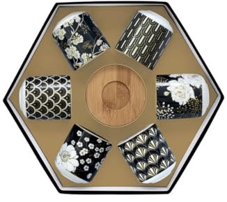 Easylife - Coffret 6 Tasses A Cafe en Porcelaine sous Tasses en Bois Art Deco Flowers