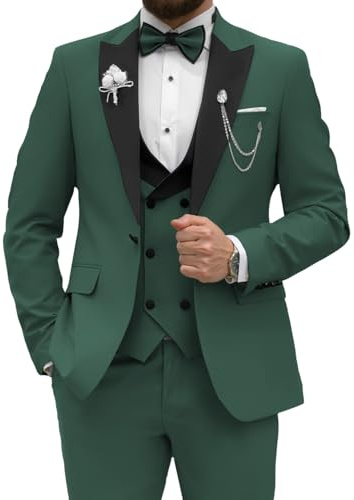 Wangyue Men's Tuxedo Suit 3 Piece Slim Fit Suit for Men Tuxedo for Men Wedding Party Dinner Prom, Dark Green, L