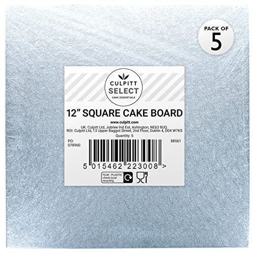 Culpitt Select 12 Cake Boards, Square, 12mm Thick Lightweight Presentation Plate For Celebration Desserts, Birthday Treats, Cupcakes, and More! Strong, 12 Inch, Pack Of 5