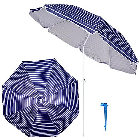 H HANSEL HOME Sombrilla Playa Inclinable de Acero Parasol Playa Plegable Protección Solar - 180cm, Raya Azul, con Soporte