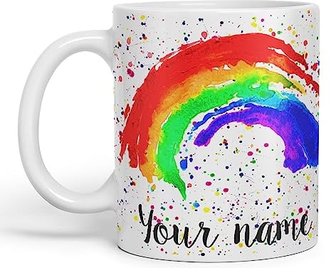 Vixar Personalised with Your Text Rainbow Watercolour Art Coloured Ceramic Mug Cup Gift 330ml 11oz Custom Work Office Tea Coffee (O1) (White)