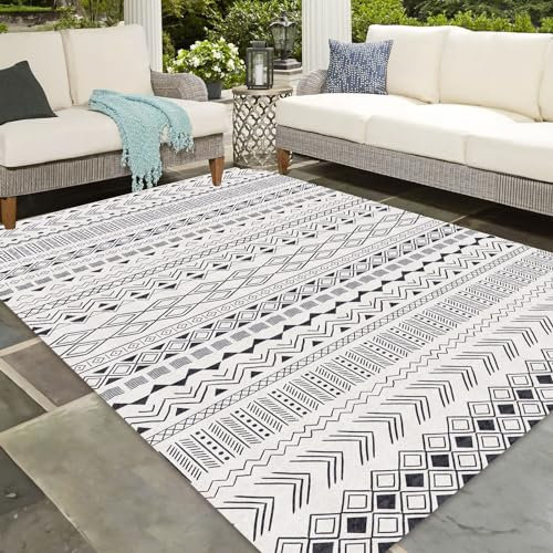 Vamcheer In-& Outdoor Modernes Teppich- robuster Teppich, Ideal für Küche und Esszimmer, Teppiche Läufer Vintage-Optik, Boho Geometrisches Style,Balkon Terrasse, schwarz 160x230