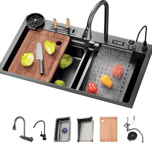 Fregadero de Cocina Inteligente Con Lavabo De Presión Y Soporte Para Cuchillos Fregadero De Cocina De Trabajo Con Grifo Cascada Nano Cascada Lavabo De Acero Inoxidable 304 (S: 80 x 46 cm)