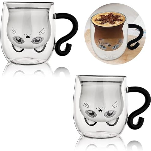 Kongming 2er-Set Süße Katze Tassen,250 ml Süße Katzenbecher,Latte Macchiato Gläser mit Henkel,Espresso Gläser, Doppelwandige Gläser für Cappuccino, Tee und Milch,geschenke für frauen