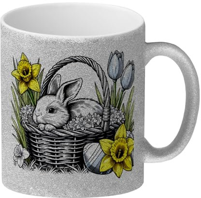 Osterhase im Osternest Glitzer-Kaffeebecher Süßer Osterhase im Korb Tasse im Osterkorb-Design Osterglocken Blumen Tasse