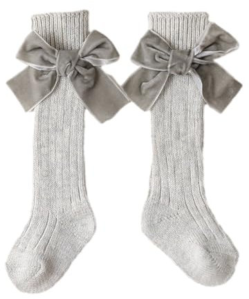 vreplrse Atmungsaktive und langlebige kniehohe gerippte Stricksocken für Mädchen, Baumwolle, für Kinder, große Schleife, Weihnachtssocke, modisch, umweltfreundlich, hellgrau L