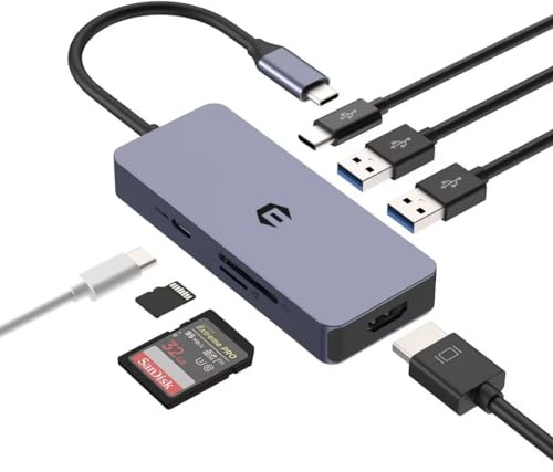 Tymyp USB C Hub, USB C Adapter, 7 Ports Multiport Adapter Doppelmonitor mit USB C zu HDMI 4K, USB 3.0 USB-A/C Port, 100W PD, SD/TF Kartenleser für Tablet und Laptop