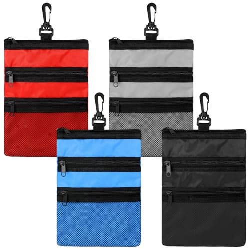 Cosblank 4 Pcs Golf Tee Holder 3 Zippered Golf Pouch Bag for Valuables Portable Golf Ball Accessory Pouch for Men with Clip to Bag for More Storage, Easy Access, Black, Red, Blue, Gray