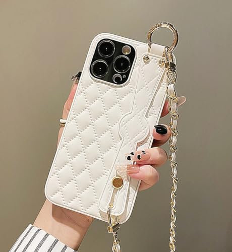 Qquare Leder-Schutzhülle für iPhone 15 Pro Max, luxuriöse Designer-Schutzhülle mit Armband-Ständer und stilvollem Metallketten-Lanyard, Ganzkörper-Schutzhülle, stoßfest, für iPhone 15 Pro Max 6,7 Zoll