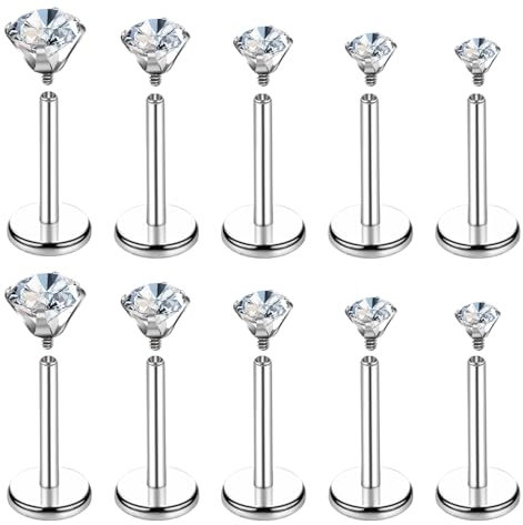 Telooco 10 Pcs 18G Flat Back Nose Stud Surgical Steel Earrings Studs Anti-allergic Silver Internally Threaded Labret Stud Tragus Piercing Jewellery