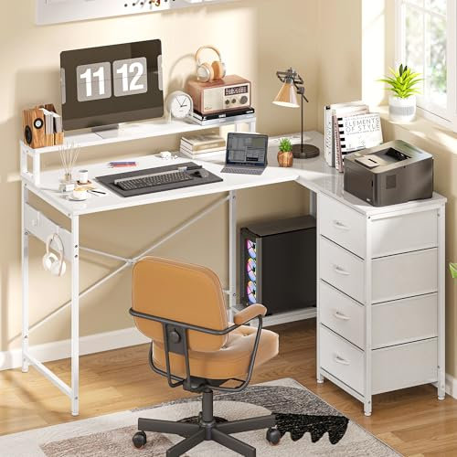 YITAHOME Schreibtisch, Reversible Eckschreibtisch mit 4 Schubladen, Schreibtisch L Form mit 2 Steckdosen und 2 USB Ladeanschluss, Bürotisch L Form mit LED, 130x100cm, Ecktisch mit Monitorablage, Weiß