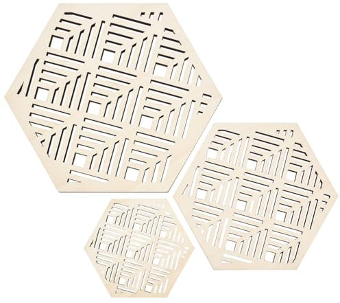 MAYJOYDIY Untersetzer Set Aus Sechseckigem Holz In 3 Größe Orientalischer Hohler Getränkeuntersetzer Aus Holz 10/15/20cm Hohle Isolieruntersetzer Teetassenunterlage Für Bar Küche Zuhause Wohnung