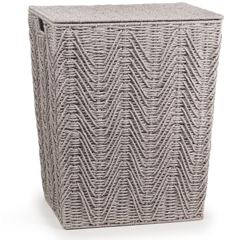 Woodluv Laundry Basket with Lid, Woven Storage Basket, Laundry Hamper Bin Storage Organiser, Washing Basket for Dirty Clothes Bathroom, Large - Grey