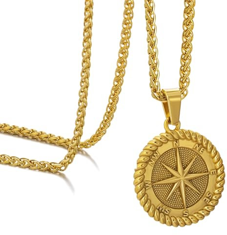 murtoo Kette Herren, Halskette mit Kompass Anhänger für Herren, Gold Münze Anhänger Weizenkette für Herren Damen, Edelstahl Halskette Geschenk für Herren Damen 55cm