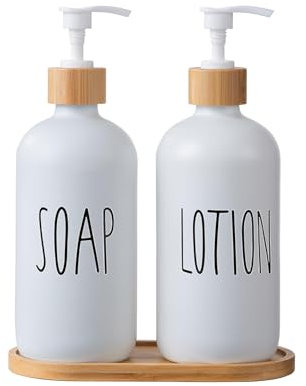 Hniuyun Bathroom Soap Dispenser Set, Glass Soap Dispenser with Bamboo Pump & Tray, 16 Oz Refillable Liquid Dispenser Set for Bathroom, Countertop, Kitchen, Laundry Room (Sl White)