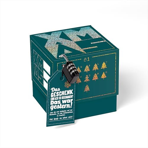SURPRISA Geschenkbox für Weihnachten – Rätselbox als Alternative zu Geschenktüten Weihnachten, Geldgeschenke Verpackung im blauen Glitzer-Design, Größe S (12cm)