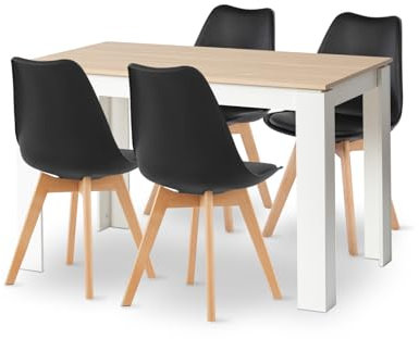FURNITABLE Esstisch mit 4 Stühlen Esszimmergruppe, 4er Set Esszimmerstühle und 120CM Rechteckig Holztisch Essgruppe für Wohnzimmer Küche Büro (Eiche-Weiß Tischbein Tisch+4 Schwarz Stühle)