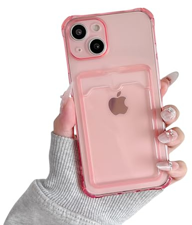 DEFBSC for iPhone 15 Plus Clear Case with Card Holder, Pink | Transparent Card Slot Back Wallet Phone Case,Ultra Slim Soft TPU Shockproof Protective Cover,Shock-Absorbing