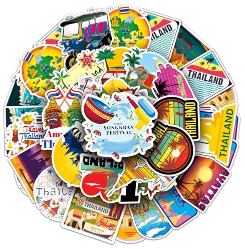 Thailand Travel Stickers,50PCS Thailand Landscape Decals for Water Bottles Laptops Bicycles Skateboards Helmets Refrigerators Luggage Travel Planners Waterproof Vinyl Stickers for Teens Adults