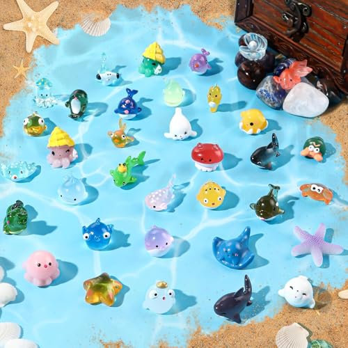 DTYDECLE 36 Stück Mini Figuren Ozean, Winzige Miniatur Meerestiere Niedliche Harz Ozean Tiere Figuren für Miniatur Landschaftsgärten, Bonsai, Fischbecken und Aquarien