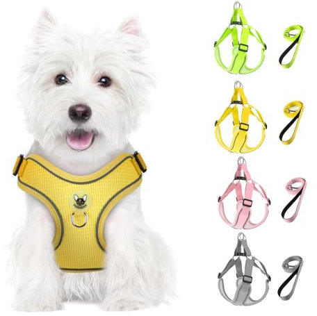 Feycig Hundegeschirr Kleine Hunde, Anti Zug Einstellbar Reflektierend Geschirr, Atmungsaktiv Weiches aus Mesh Geschirr Hund Leichtes Welpengeschirr Brustgeschirr mit Griff (Gelb, X-Small)