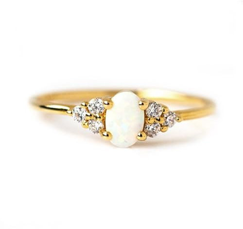 Tolldek Echte Goldschmuck Trauringe 14 Karat 585 Gold, Klassiker Partnerringe 14K Gold Verlobungsring mit Opal & Moissanit Bunt Ovalschliff Echte Goldschmuck, Gr.51 (16.2)