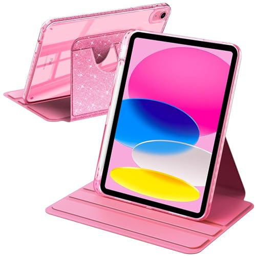 A-BEAUTY Custodia Rotante Compatibile con iPad (A16) 11a/10a Generazione (2025/2022) con Portapenne, Posteriore Chiaro Trasparente Cover Antiurto, Auto Sonno/Veglia, Rosa Glitterato