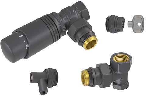 Kit raccordement radiateur anthracite 15x21 (1/2) robinet équerre + coude de réglage + robinet de vidange eau + bouchon purgeur air + tête thermostatique filetage standard M30x150 NOYON & THIEBAULT