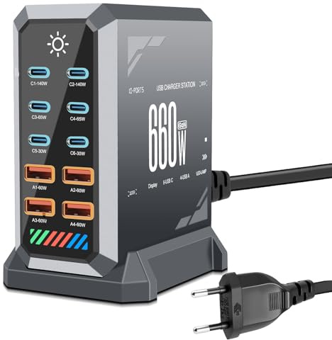 10 in 1 & 660W USB C Ladegerät Mehrfach, GaN 3 USB Schnellladegerät Mehrfach mit 6xUSB-C + 4xUSB-A, PD140W, 65W, 60W, 30W Power Delivery Ladestation für MacBook Pro/Air, iPhone, iPad, Samsung (Grau)