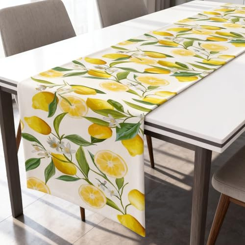 ZenyTra Zitronen Tischläufer 33x183 cm - Abwaschbarer Küchen Tischdeko mit Orangen Gelben Zitronen & Grünen Blättern für Frühling Sommer, Party, Esstisch tischdecke Geburtstag