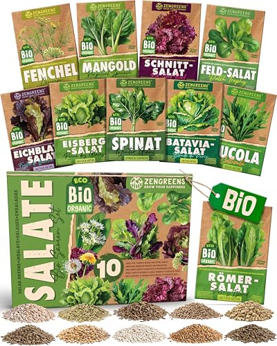 ZenGreens® Bio Salatsamen Set - 10 samenfeste Sorten - knackfrische Ernte | Saatgut für Garten, Balkon & Hochbeet, abwechslungsreiche Blattsalate, ideal als Geschenk für Gartenfreunde, Pflanzensamen
