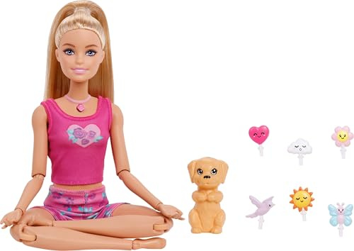 Barbie Mindful Moves Puppe in Yoga-Kleidung mit 6 Audio-Clips für Geführte Meditation, Musik und Lichter, Welpe mit 6 Steck-Zubehör, Blond