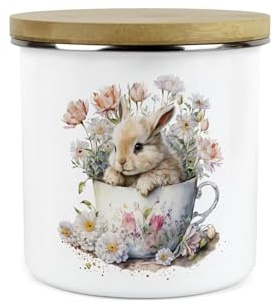 Bunny Rabbit Storage Canister - Teacup Bunny Enamel Home/Kitchen Container Tin Gift