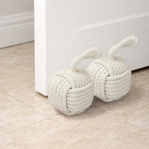 2 Pack Rope Knot Door Stops, Heavy Weighted Door Stopper Square Decorative Handmade Doorstop with Handle for Living Room Bedroom Window(14x14cm, 1.75kg)
