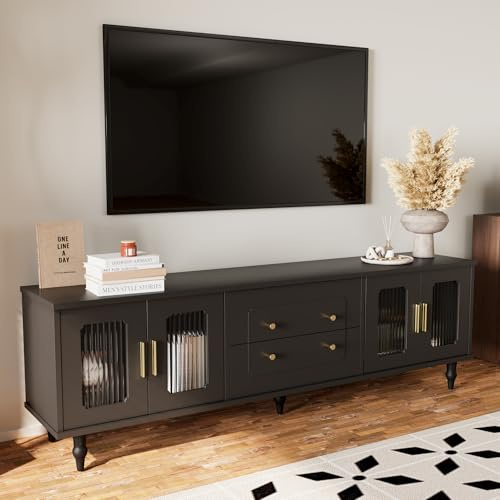 SACOOL Lowboard,175x55.5x38cm TV-Möbel im Retro-Stil: goldene Griffe, viel Stauraum. Mit Glastür und Beinen aus Massivholz