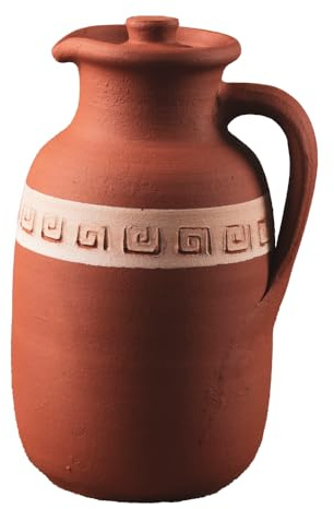 Handmade Natural Clay Terracotta Earthenware Earthen Water Pitcher Jug Pot with Lid for Drinking Drink Ayurveda Healthy Unglazed Pottery Style Indian Mud Kitchen Farmhouse Bottle Mexican Bohemian
