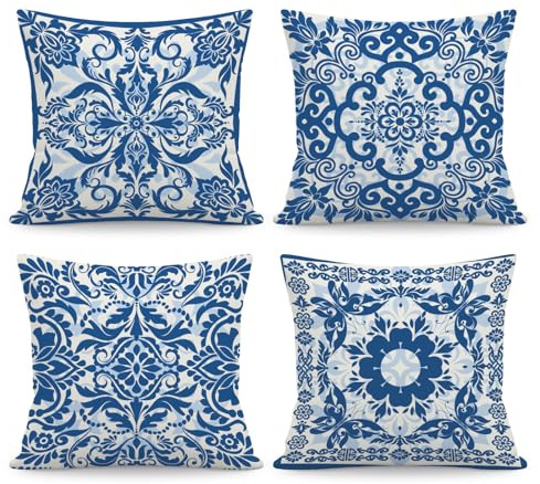 NymphFable 4er Set Kissenbezüge Chinoiserie Blau Weiß 45 x 45 cm, Porzellan Blumen Samt Dekorative Kissenbezüge Hülle für Sofa Sessel Schlafzimmer