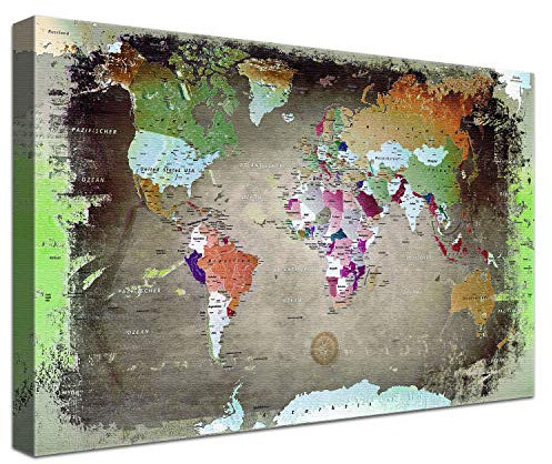 LANA KK - Luxus Pinnwand Weltkarte - Bunt Dark - Deutsch - in 100 x 70 cm, stabile Rückwand zum Pinnen inkl. Starterkit - Leinwand-Kunstdruck Wandbild Landkarte XXL
