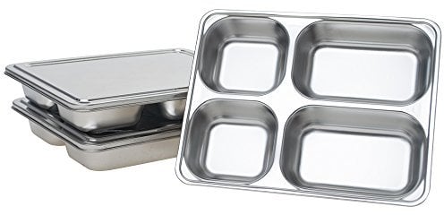 Aspire 3 Pack Stainless Steel Divided Dinner Trays with Metal Cover Portion Control Plate-4 Sections