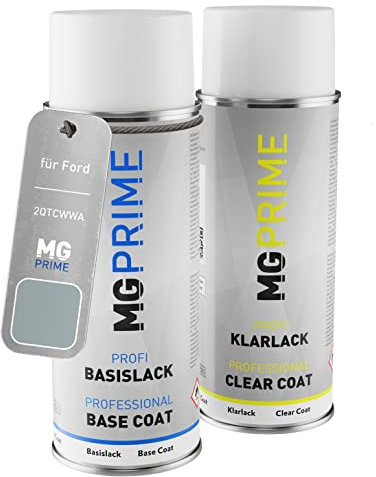 MG PRIME Autolack Sprühdosen Set für Ford 2QTCWWA / PNUQT0 / D Machine Silver Metallic/Cosmic Silber Metallic Basislack Klarlack Spraydose 400ml