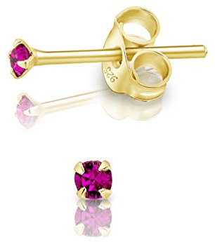 DTPsilver - Winzige Ohrringe 925 Sterling Silber Gelb Vergoldet mit Kristallen von Swarovski® Elements Runde Sehr kleine Ohrstecker - Durchmesser 2 mm - Farbe : Fuchsie