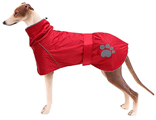 Geyecete Hundemantel Wasserdichter fur Windhund, Winter Hundejacken mit warmem plüschfutter,Regenmantel winddicht,Outdoor-Hundebekleidung mit verstellbaren Bändern,fur mittel und große Hunde-Rot-XXL