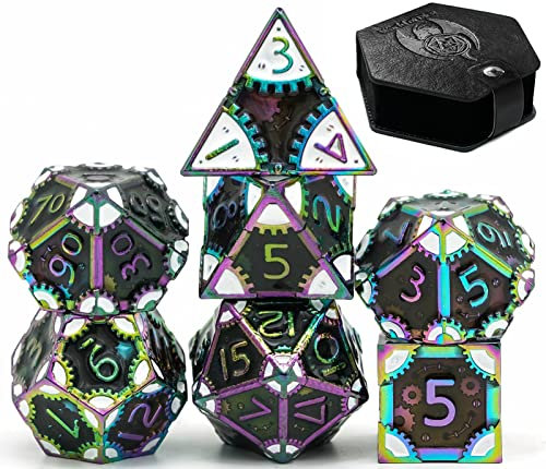 World of Dice Steampunk Polished - 7-teiliges Pen and Paper Würfelset aus Metall, mit Zahnrädern, Metall Würfel (mit Etui, Black Prisma)