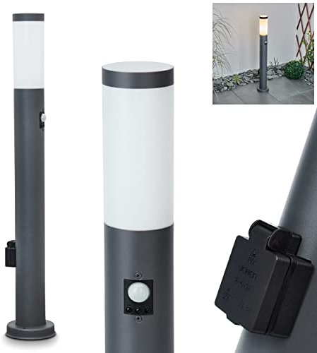 Außenwegeleuchte Sessa mit Bewegungsmelder u. Steckdose, moderne Sockelleuchte aus Metall/Kunststoff in Anthrazit/Weiß, Wegeleuchte 80 cm, Gartenlampe m. E27 max. 15 Watt, Gartenbeleuchtung IP44