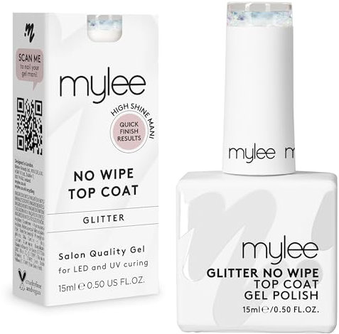 Mylee Nagellack No-Wipe Glitter Überlack 15 ml, UV/LED, Soak-Off, Nagelkunst, Maniküre, Pediküre, für den professionellen Gebrauch, hält bis zu 2 Wochen, einfach anzubringen, kein Abblättern